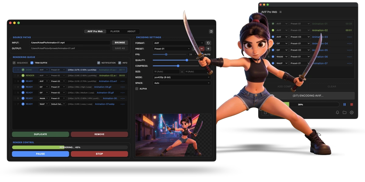 AVIF Pro Web panel and desktop app preview