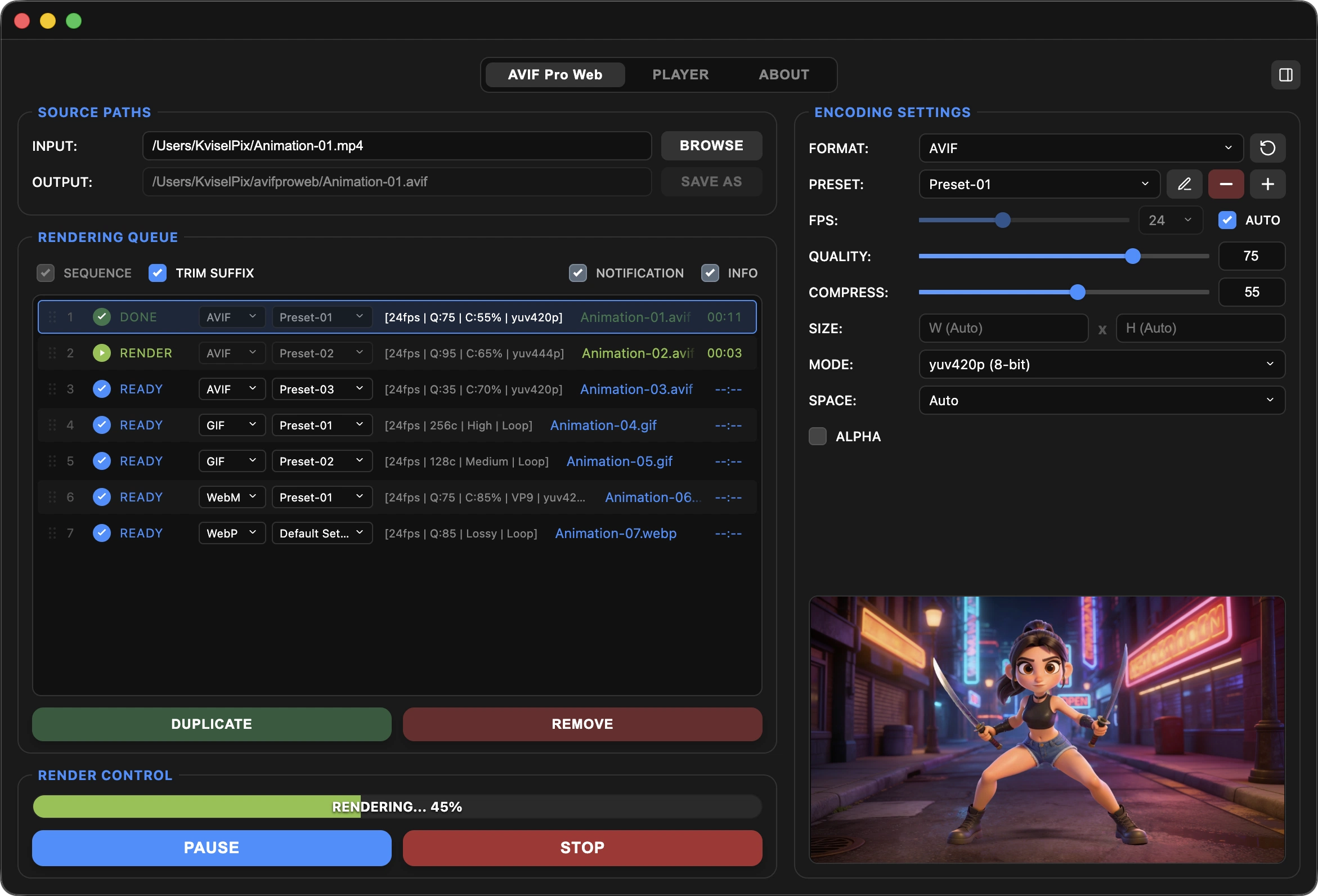 AVIF Pro Web standalone app with source paths, render queue, encoding settings, and preview