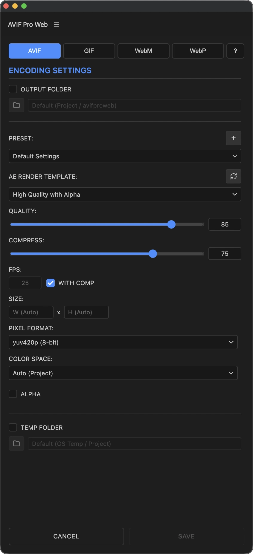 AVIF settings with quality, compression, pixel format, color space, and alpha options