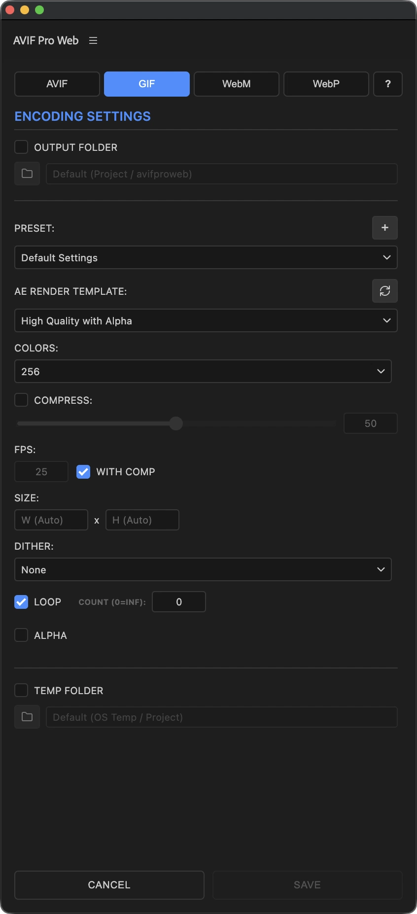 GIF settings with palette, dithering, loop, and optimization controls