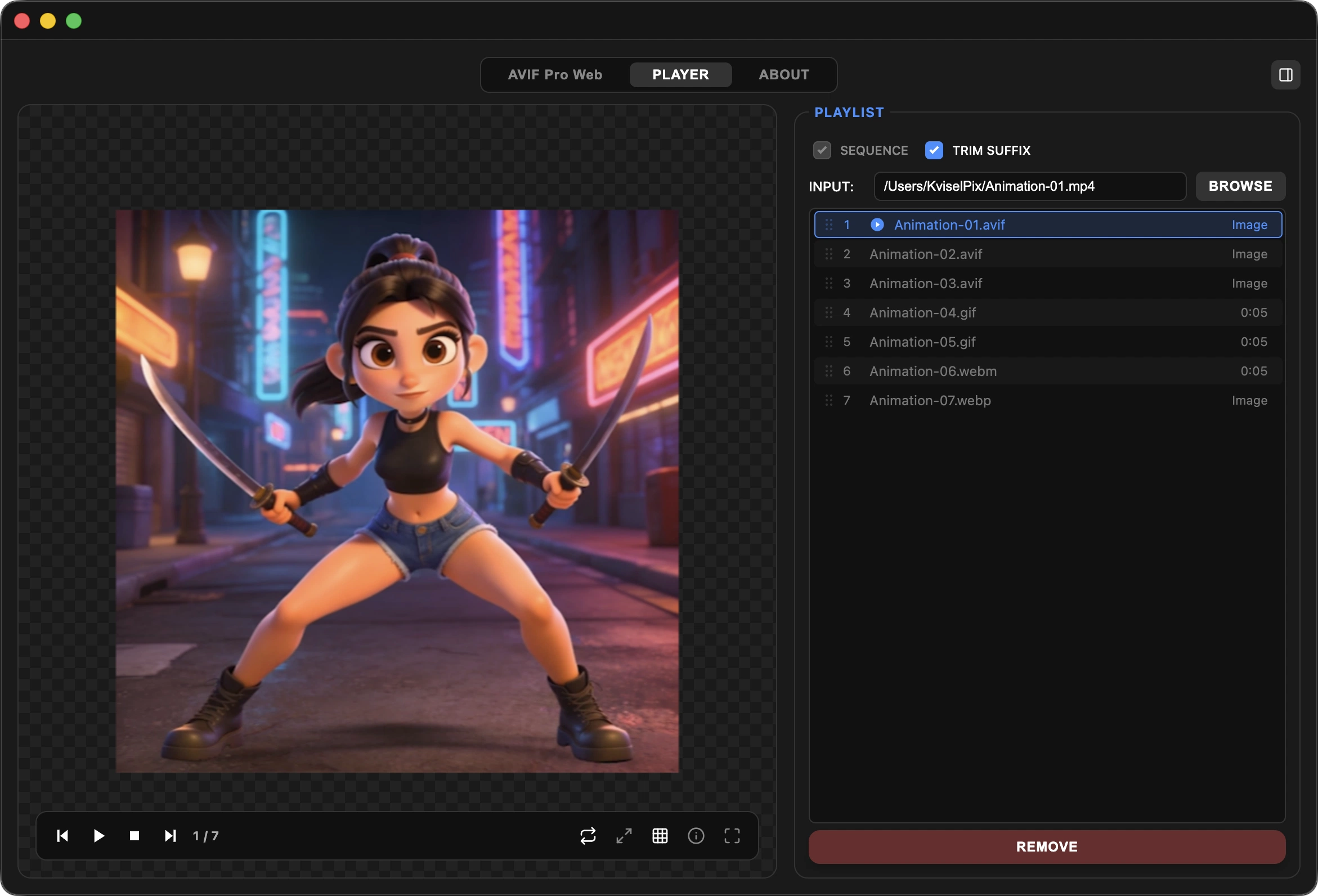 AVIF Pro Web player with transparency grid, playlist, and playback controls