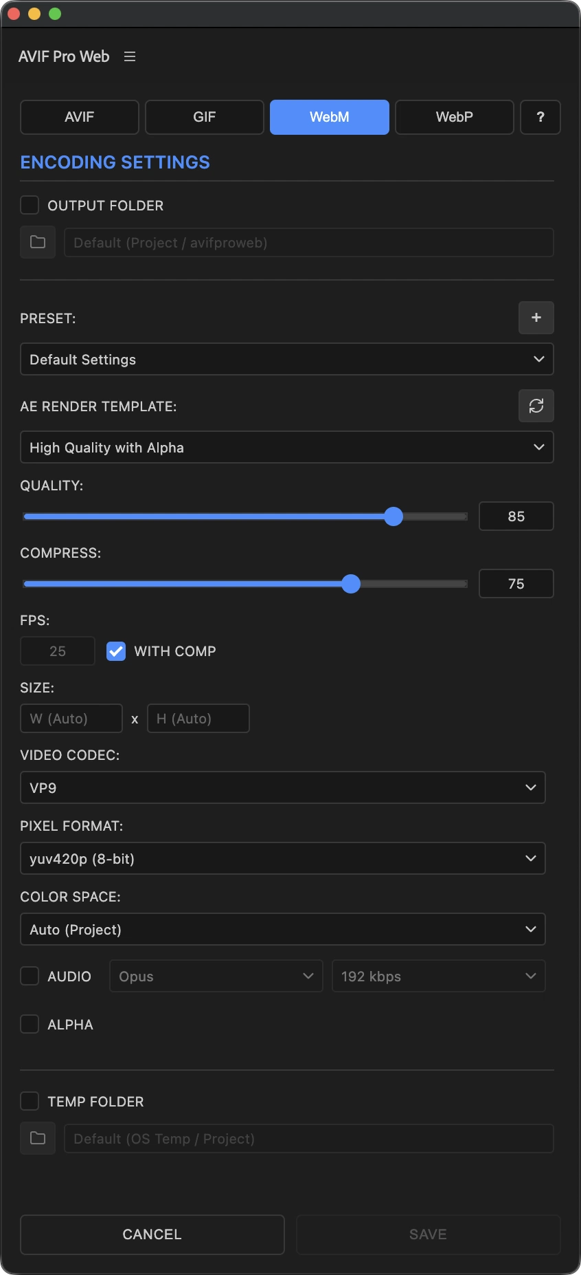 WebM settings with VP9, AV1, audio, bitrate, and alpha options